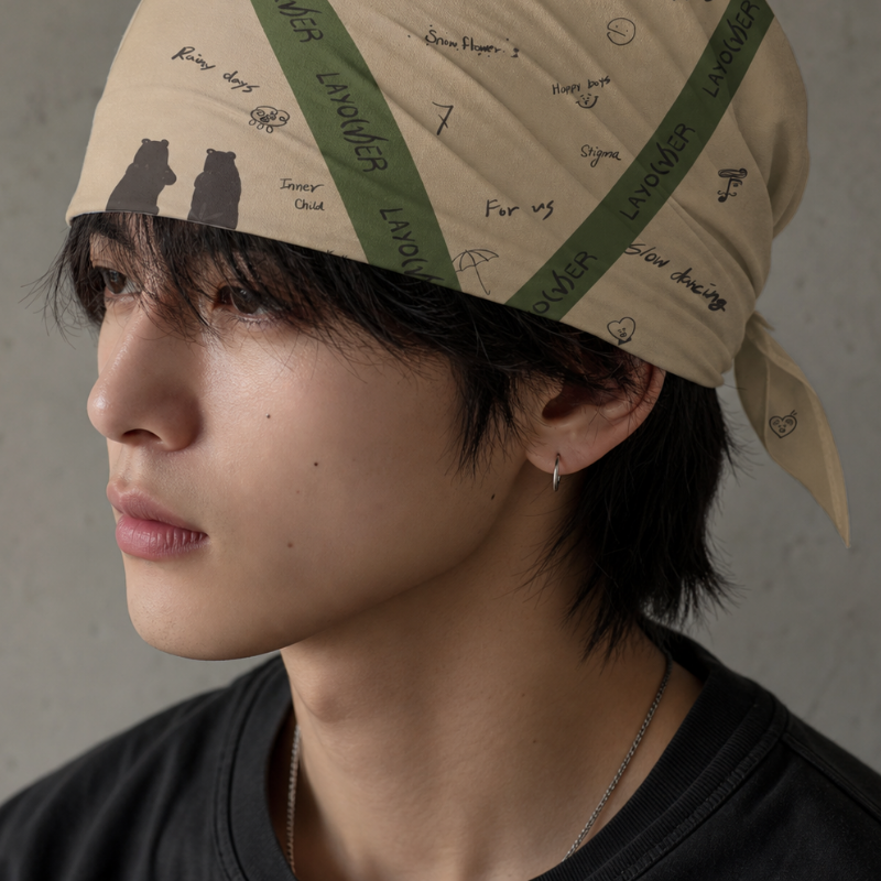 Taehyung Layover-inspired Tan and Green Satin Bandana