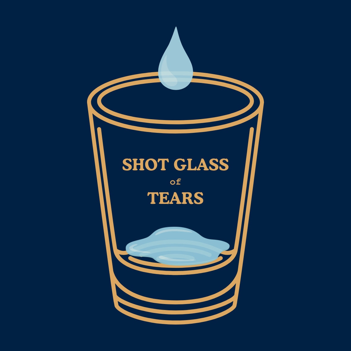 Shot glass of tears illustration with a drop of water on a dark blue background